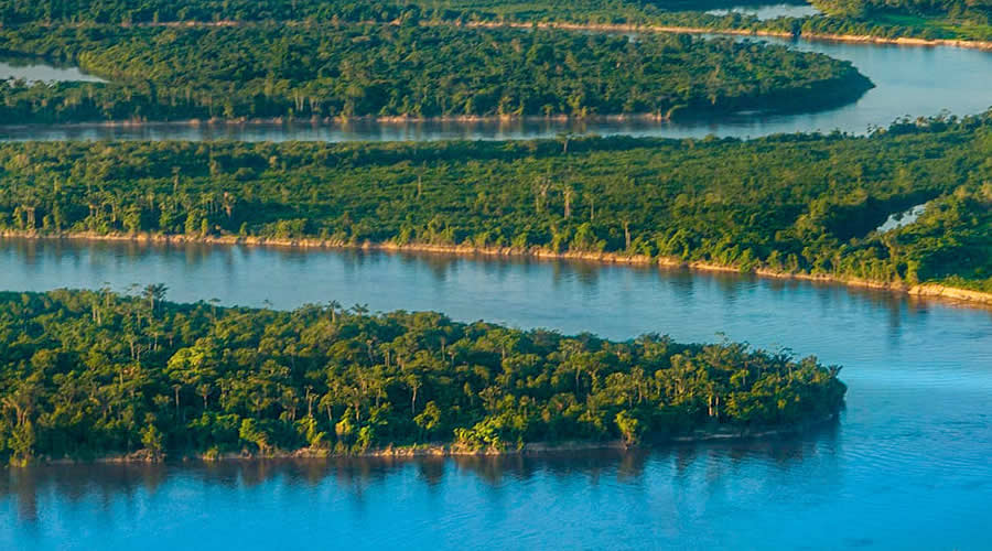 Amazon River winding through the rainforest, Peru