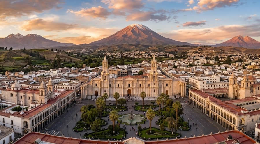 Arequipa Plaza de Armas and El Misti volcano, Peru