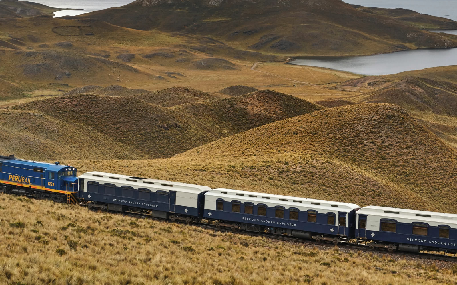 Andean Explorer, A Belmond Train, crossing the altiplano between Cusco and Lake Titicaca