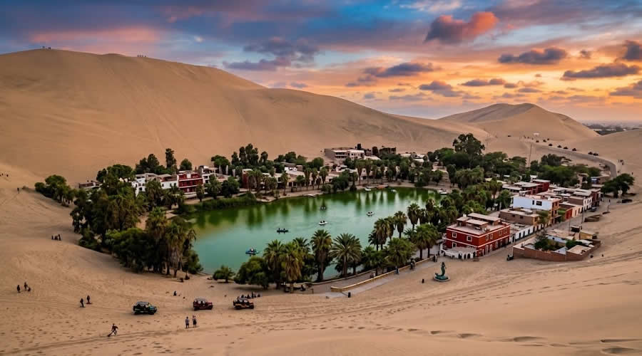 Huacachina oasis surrounded by sand dunes