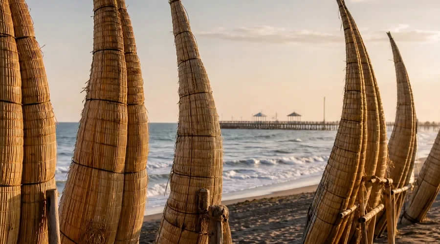 Caballitos de totora reed boats on the beach at Huanchaco
